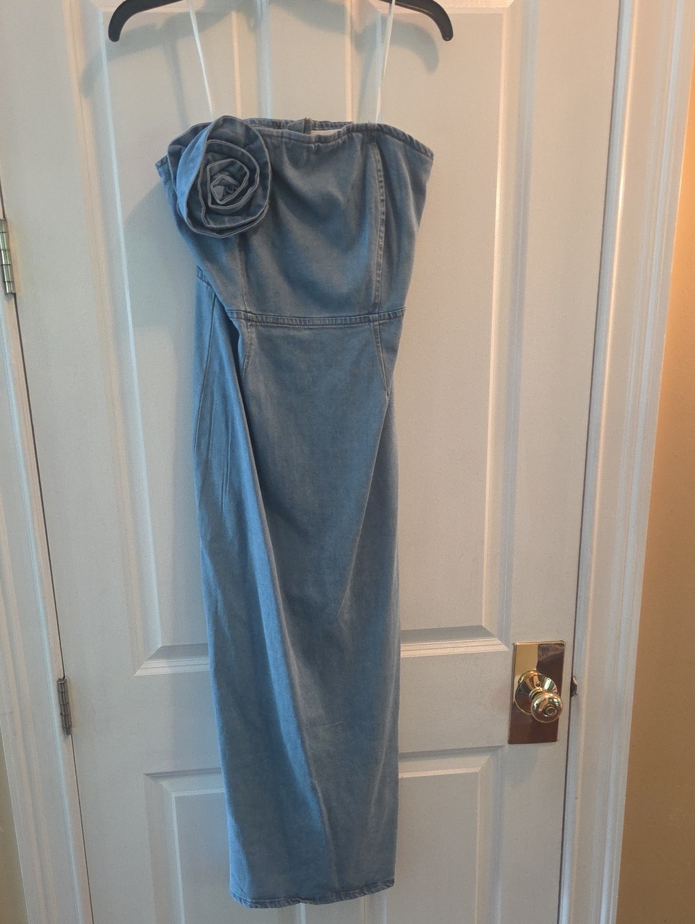 Torn by Ronny Kobo Light Blue Strapless Denim Dress with Rosette